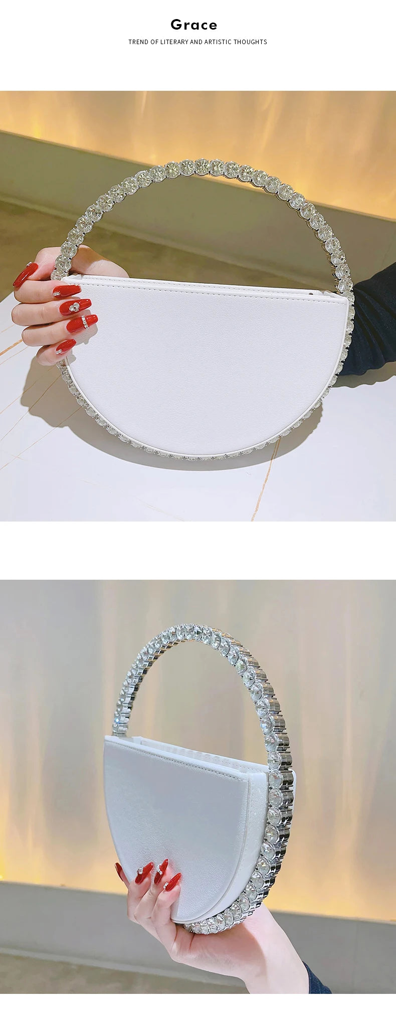 Rhinestone Round Ring Evening Bag Trendy Faux Leather Clutch Purse Women's Elegant Handbags For Party Prom Wedding