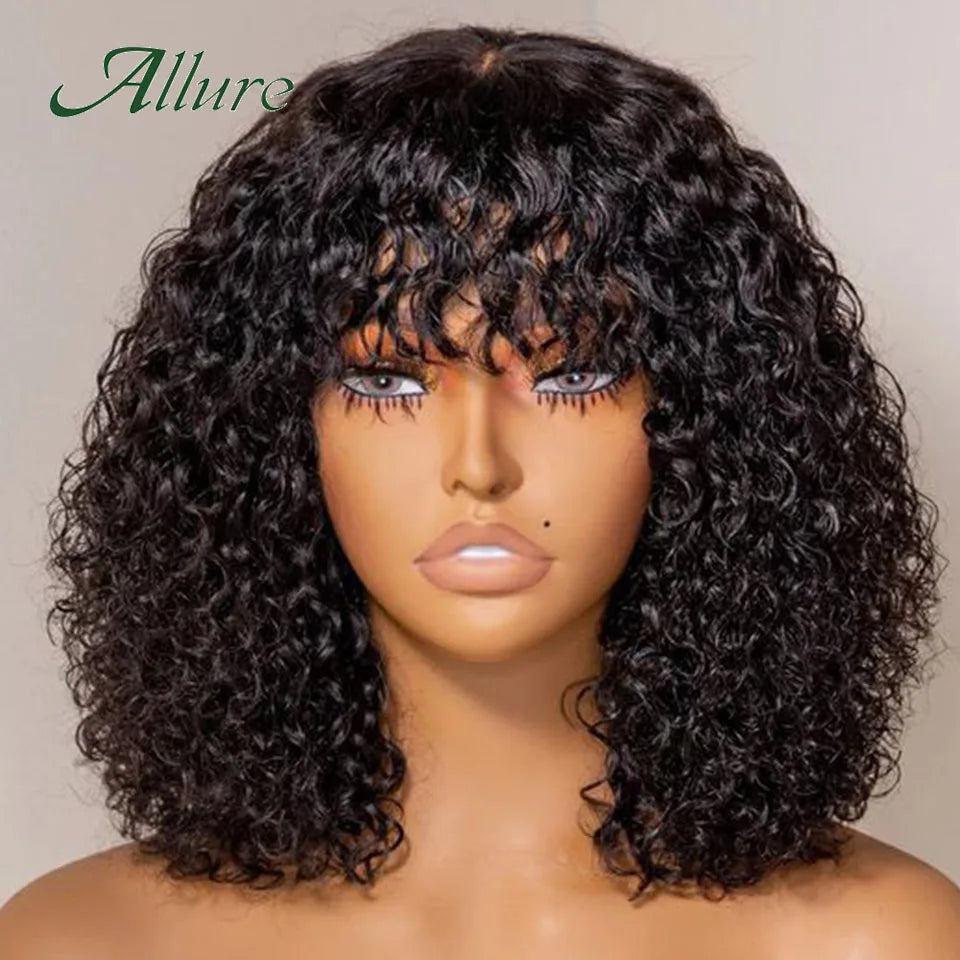 Natural Jerry Curly Wig With Bangs Human Hair Wigs Black Women Short Colored Burgundy Brown Glueless Brazilian Remy Hair Allure