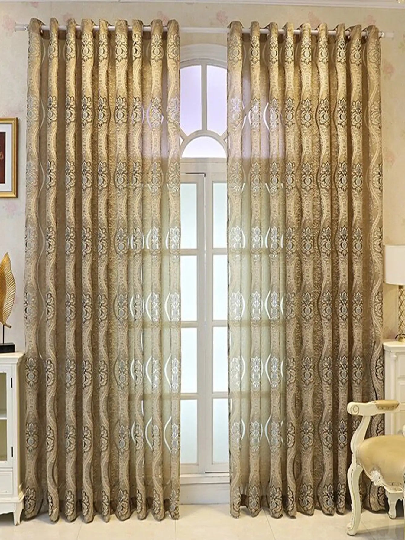 European Curry Eight Wave Perforated Curtains Living Room Bedroom Blackout Decorative Curtains, Party Decoration