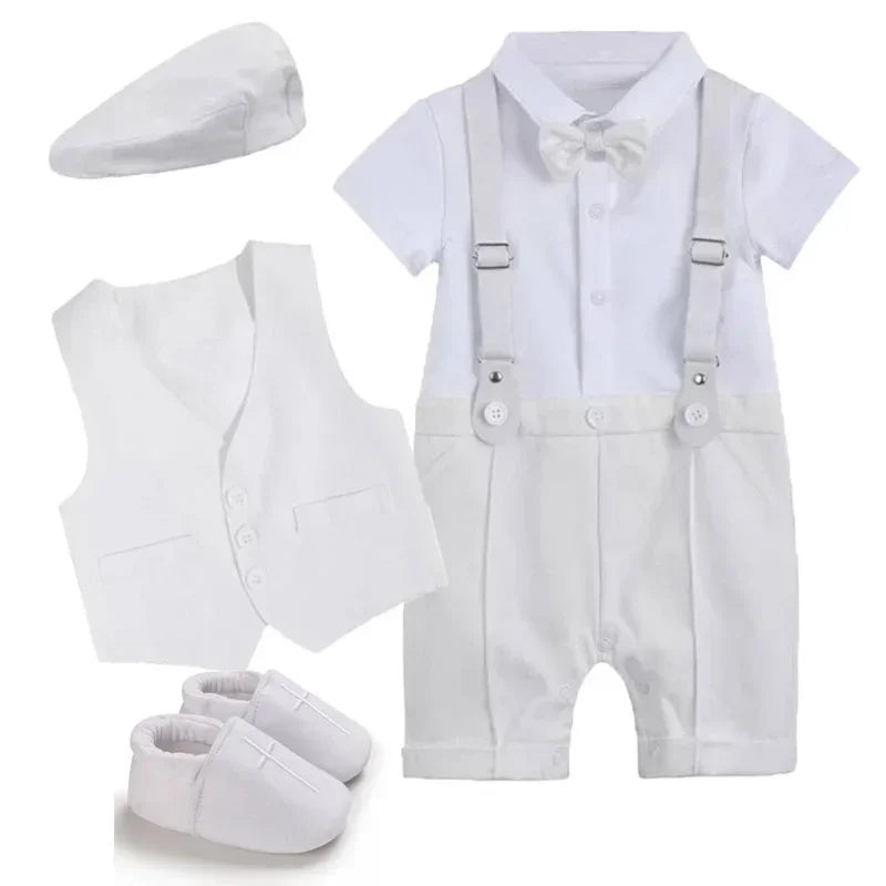 Baby Boys Baptism Outfit Newborn Christening White Romper 100% Cotton Short Sleeve Clothes for 3-18 Months Summer Clothing