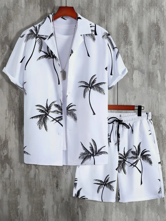 Men's Summer Streetwear Shirt Sets 3d Print Beach Coconut Tree Plaid Lapel Short Sleeve Casual Shirt Beach Shorts Hawaiian Suits