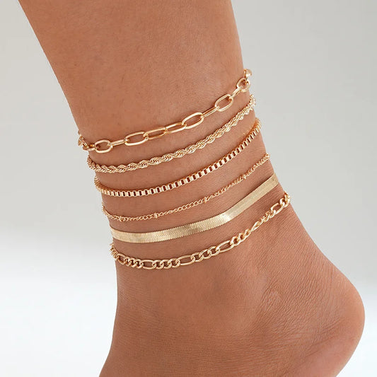 6Pcs Gold Color Vintage Anklets Set For Women Simple Multilayers Adjustable Love Chain Anklet Bracelet On Leg Foot Beach Jewelry