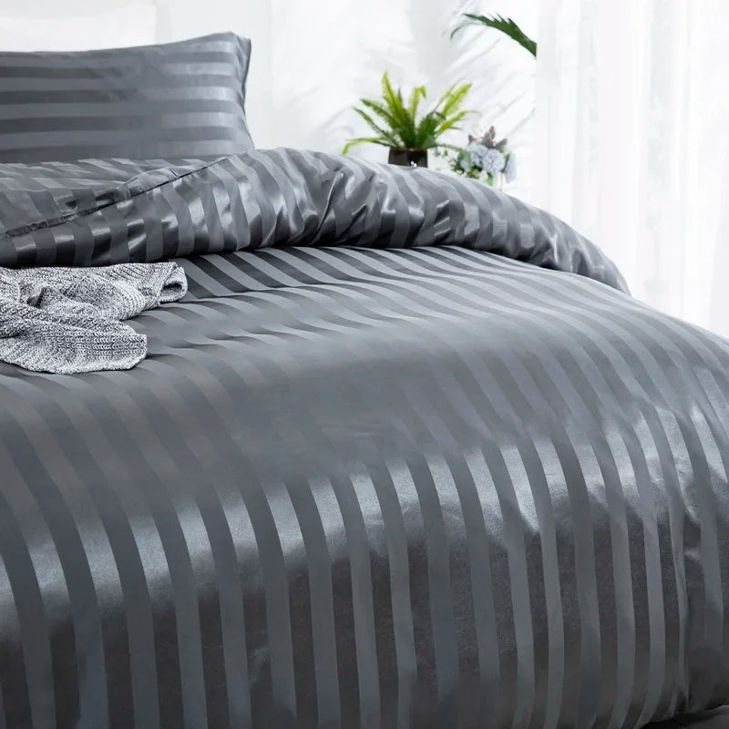 3 Pieces Satin Striped Duvet Cover Set, Luxury Silky Like Black Stripe Duvet Cover Bedding Set with Zipper Closure,Pillow Cases