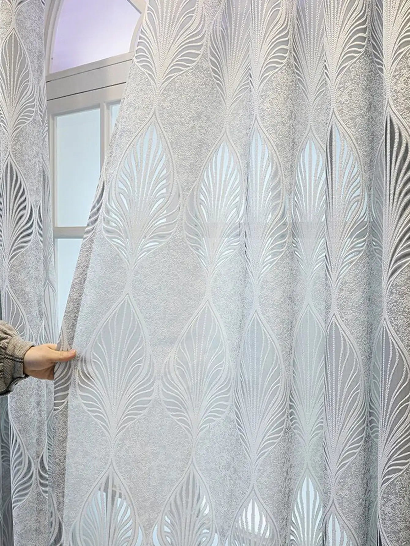 Gray Feather Leaves, Perforated Jacquard Gauze, Living Room, Bedroom, Blackout Curtains, 1 Piece