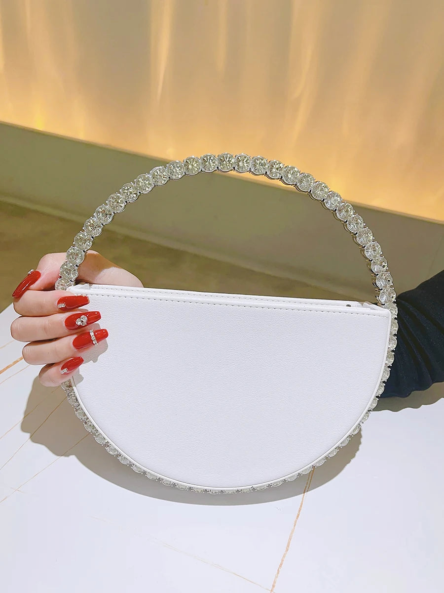 Rhinestone Round Ring Evening Bag Trendy Faux Leather Clutch Purse Women's Elegant Handbags For Party Prom Wedding