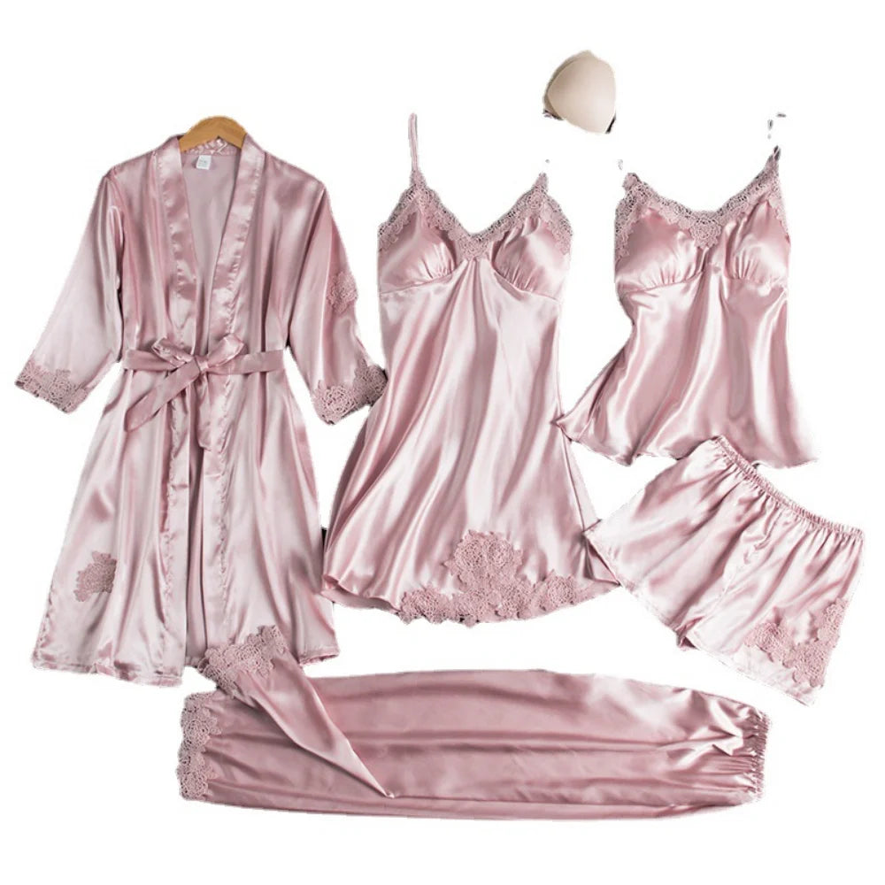 5PC Silk Robe Sleep Suit Womens Lace Satin Pajamas Gown Set V-Neck Cami Nighties Wear Pijama Home Nightwear Spring Nightdress