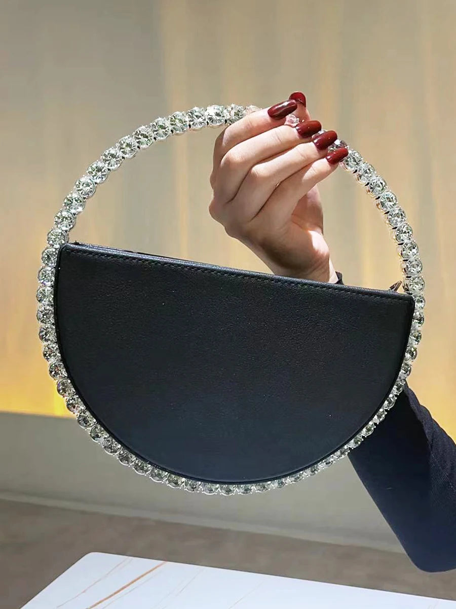 Rhinestone Round Ring Evening Bag Trendy Faux Leather Clutch Purse Women's Elegant Handbags For Party Prom Wedding