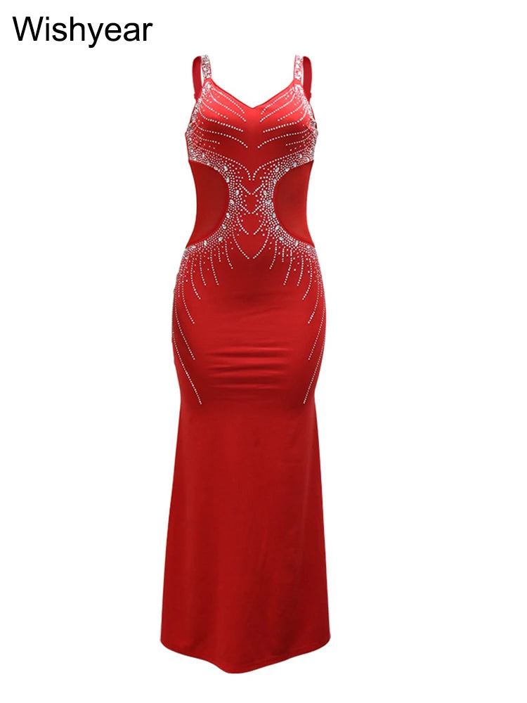 New Fashion Senior Evening Party Red Spaghetti Strap Diamonds Design Wedding Gowns Dress Women Elegant Bodycon Birthday Vestidos