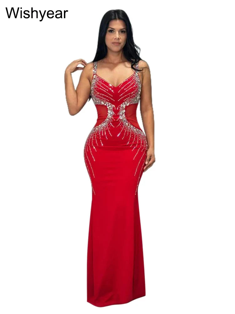 New Fashion Senior Evening Party Red Spaghetti Strap Diamonds Design Wedding Gowns Dress Women Elegant Bodycon Birthday Vestidos