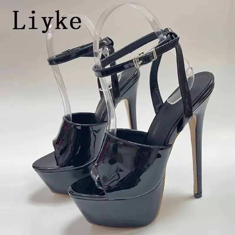 Liyke Summer 16 CM Super High Heels Platform Sandals Women Fashion Open Toe Chain Ankle Strap Ladies Party Stripper Shoes Black