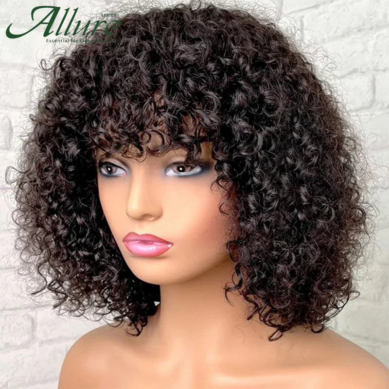 Natural Jerry Curly Wig With Bangs Human Hair Wigs Black Women Short Colored Burgundy Brown Glueless Brazilian Remy Hair Allure