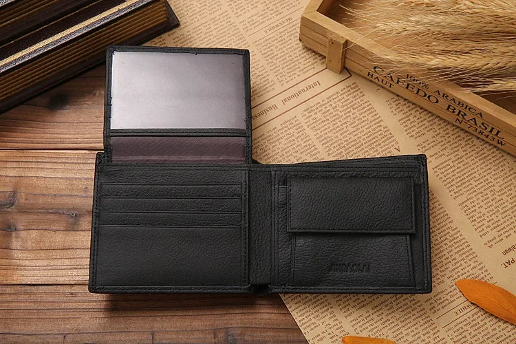 Genuine Leather Mens Wallet Premium Product Real Cowhide Wallets For Man Short Black Walet Portefeuille Homme Short Purses