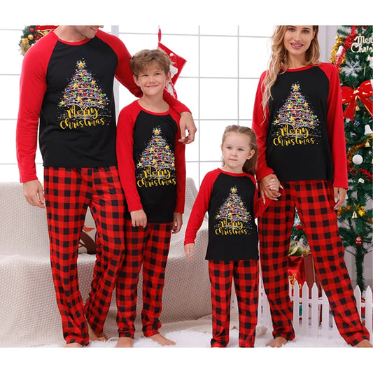 Christmas Pajamas for Family Long Sleeve Hat Print Tops + Buffalo Plaid Pants Set Loose Fall Sleepwear Home Wear