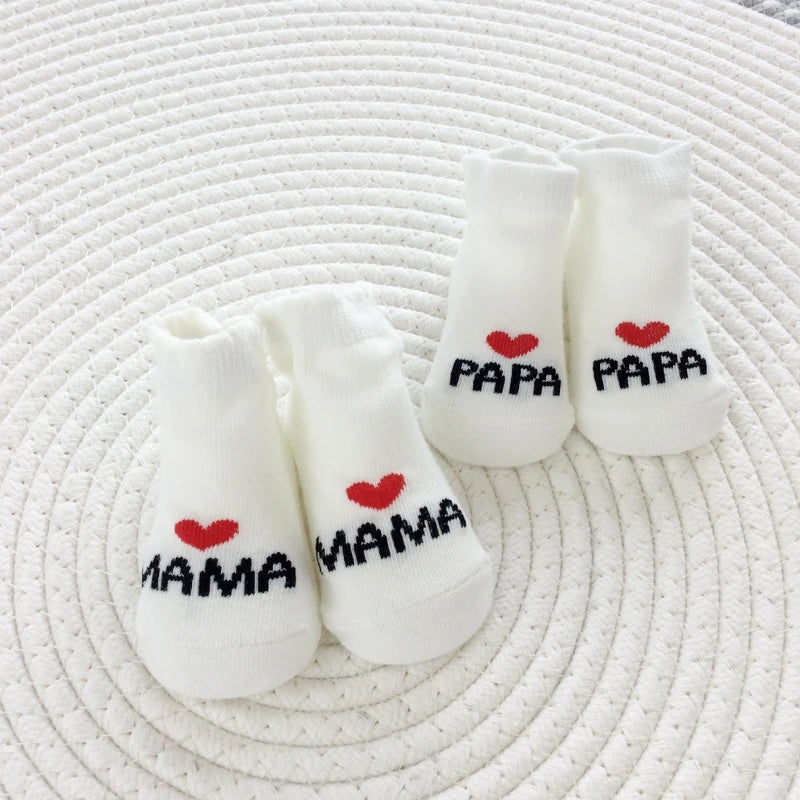 2Pairs Newborn Baby Girls Boys Socks White Cute Love MAMA PAPA  Bebe Cotton Socks Gift Toddler Crew Socks Pack Design