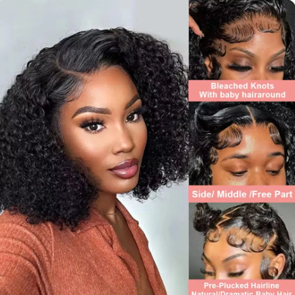 Kinky Curly Bob Cheap Wig Lace Frontal Human Hair Wigs 100% Brazilian Glueless Short Water Curly ForWomen 180Density Wear And Go