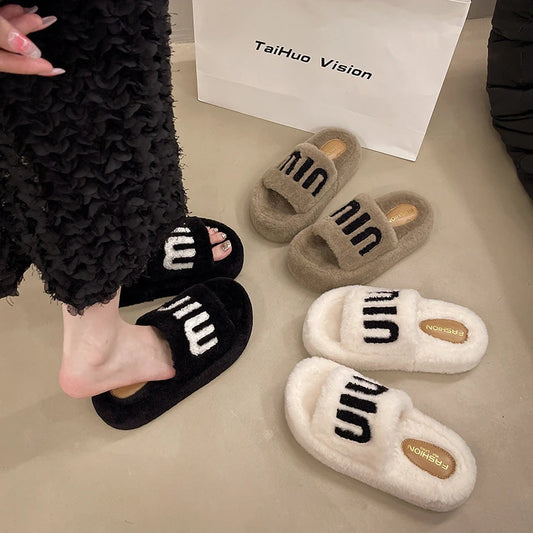 Woman Furry Ladies Fur Luxury Fluffy Plush Slipper House Soft Platform Indoor Casual Winter Home Warm High Heels Female D184