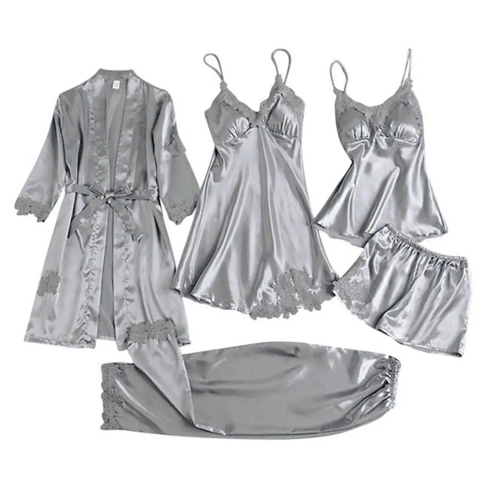 5PC Silk Robe Sleep Suit Womens Lace Satin Pajamas Gown Set V-Neck Cami Nighties Wear Pijama Home Nightwear Spring Nightdress