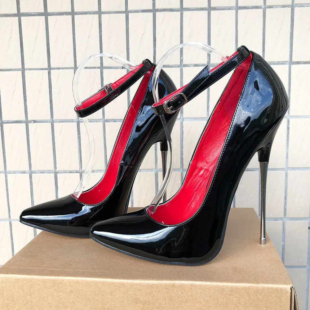 16cm Extreme High Heels Women Black Pointy Toe Stiletto Pumps Sexy Night Club Ankle Strap Fetish Model Dance Man Crossdresser