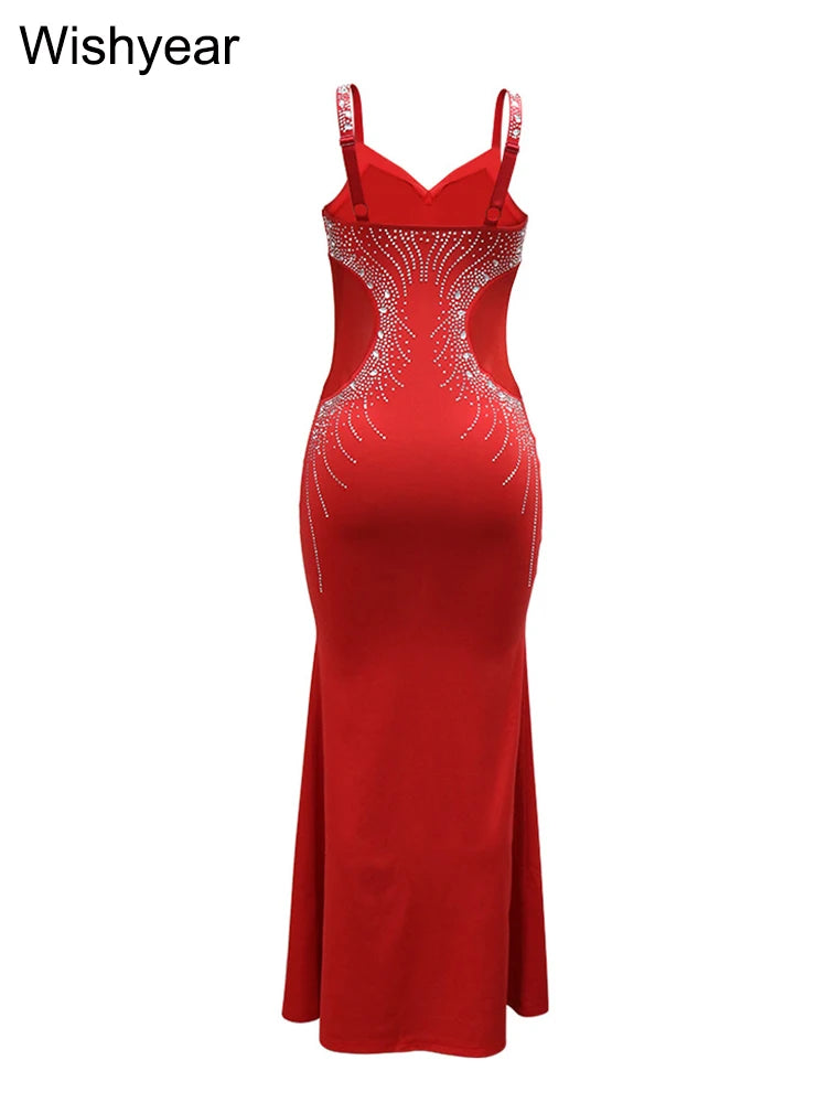 New Fashion Senior Evening Party Red Spaghetti Strap Diamonds Design Wedding Gowns Dress Women Elegant Bodycon Birthday Vestidos