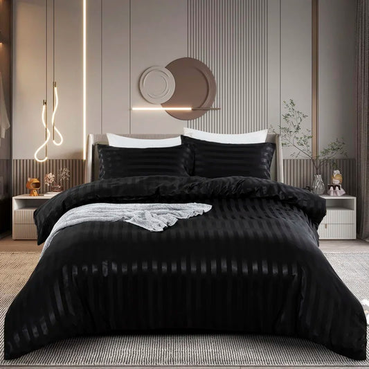 3 Pieces Satin Striped Duvet Cover Set, Luxury Silky Like Black Stripe Duvet Cover Bedding Set with Zipper Closure,Pillow Cases