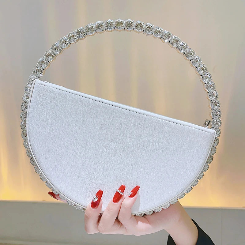 Rhinestone Round Ring Evening Bag Trendy Faux Leather Clutch Purse Women's Elegant Handbags For Party Prom Wedding