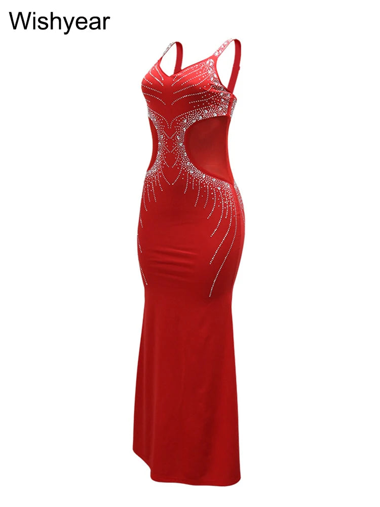 New Fashion Senior Evening Party Red Spaghetti Strap Diamonds Design Wedding Gowns Dress Women Elegant Bodycon Birthday Vestidos