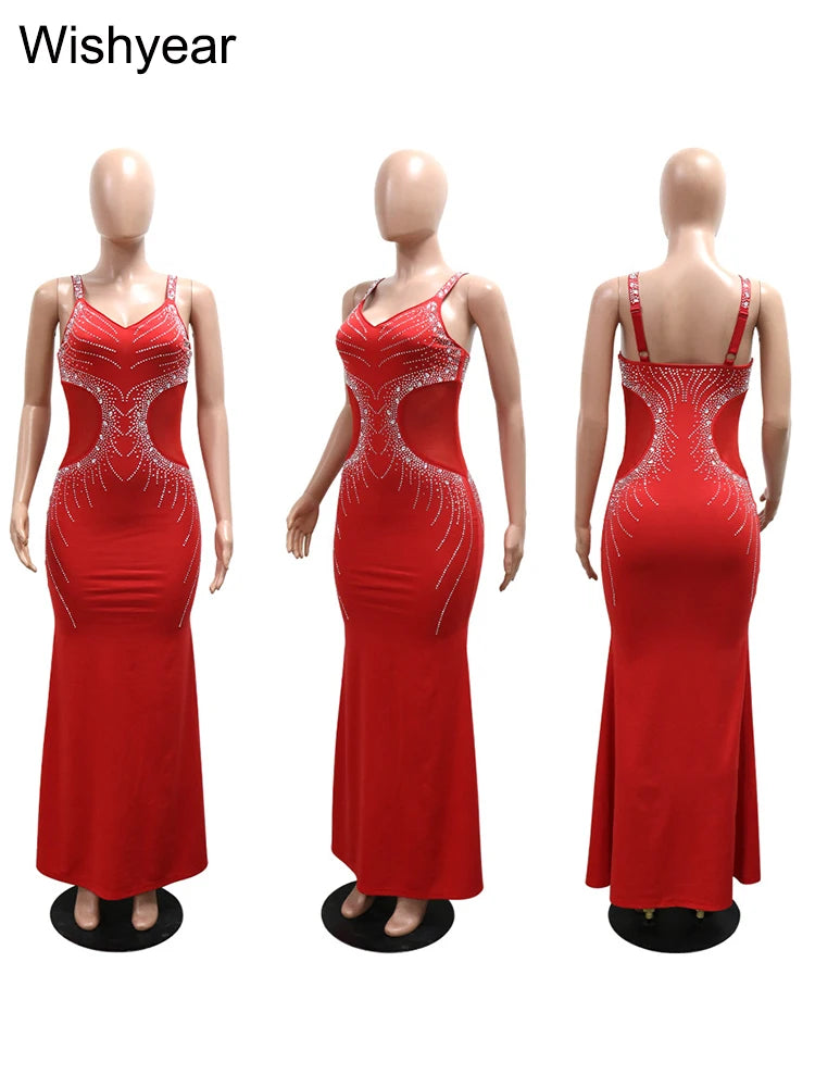 New Fashion Senior Evening Party Red Spaghetti Strap Diamonds Design Wedding Gowns Dress Women Elegant Bodycon Birthday Vestidos