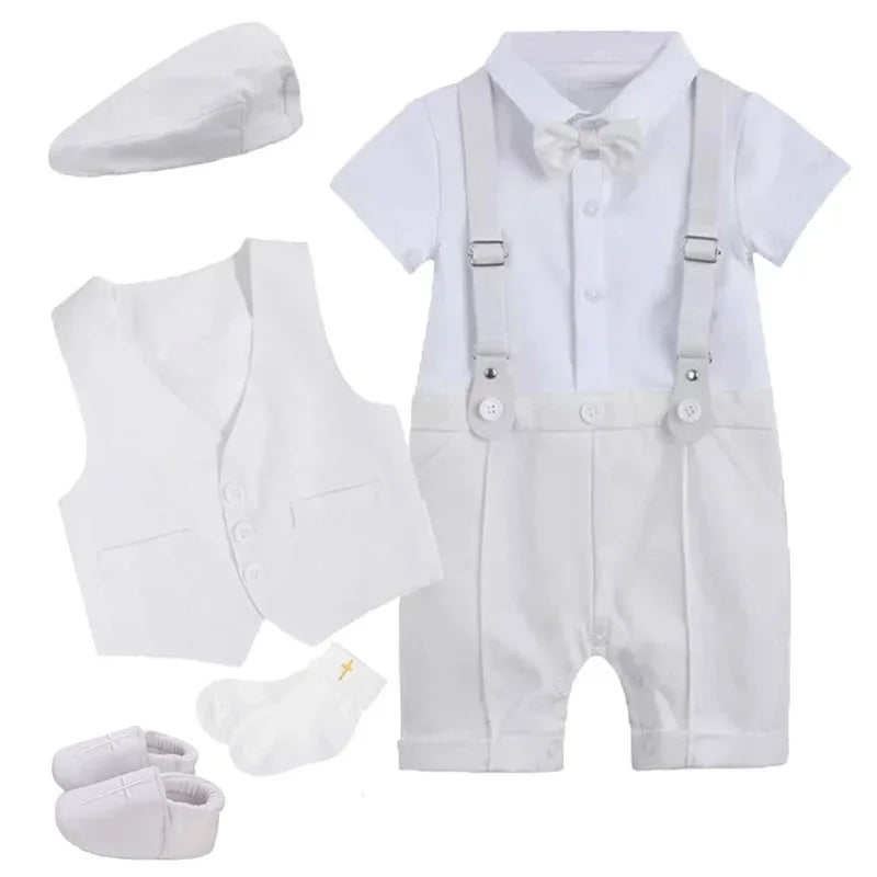 Baby Boys Baptism Outfit Newborn Christening White Romper 100% Cotton Short Sleeve Clothes for 3-18 Months Summer Clothing